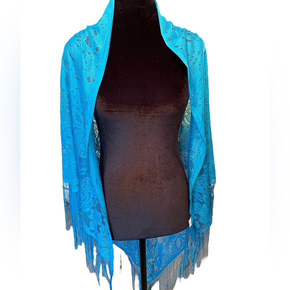 Boho Witch Hippie Ethereal Romantic Blue Sheer Floral Fringe Bandana Lace Shawl - Picture 4 of 8